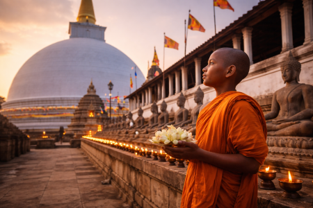 Buddhist monk in orange robe at temple in Sri Lanka with lotus flowers