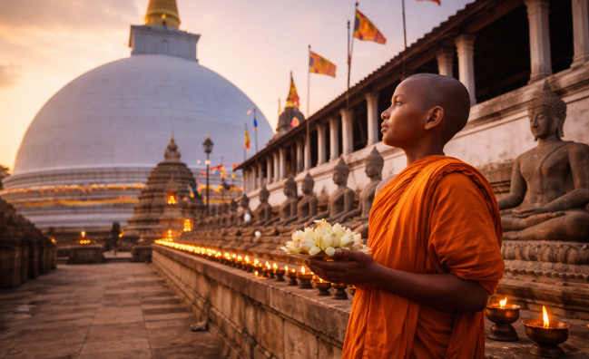 Buddhist monk in orange robe at temple in Sri Lanka with lotus flowers