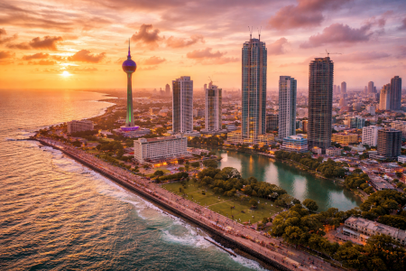 Aerial view of Colombo skyline with Lotus Tower and Indian Ocean in Sri Lanka