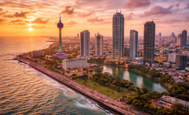 Aerial view of Colombo skyline with Lotus Tower and Indian Ocean in Sri Lanka