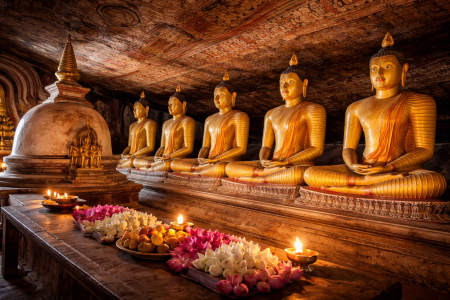 Interior of Dambulla Cave Temple with Buddha statues in Sri Lanka