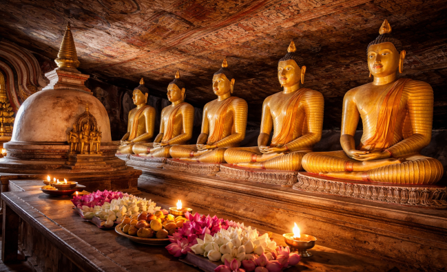 Interior of Dambulla Cave Temple with Buddha statues in Sri Lanka