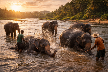 Elephants bathing in river in Sri Lanka with caretakers during sunset