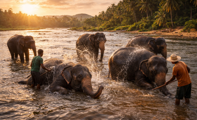 Elephants bathing in river in Sri Lanka with caretakers during sunset
