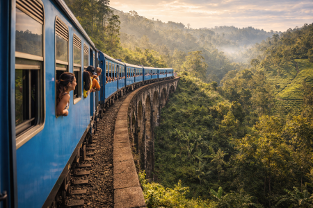Scenic train ride through tea plantations in Sri Lanka hill country
