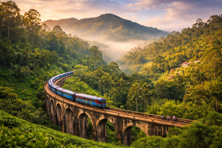Train crossing the Nine Arch Bridge in Ella Sri Lanka surrounded by lush tea plantations and misty mountains