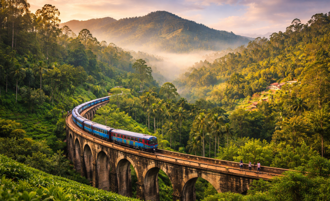 Train crossing the Nine Arch Bridge in Ella Sri Lanka surrounded by lush tea plantations and misty mountains
