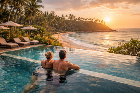 Infinity pool overlooking ocean at a luxury beach resort in Sri Lanka