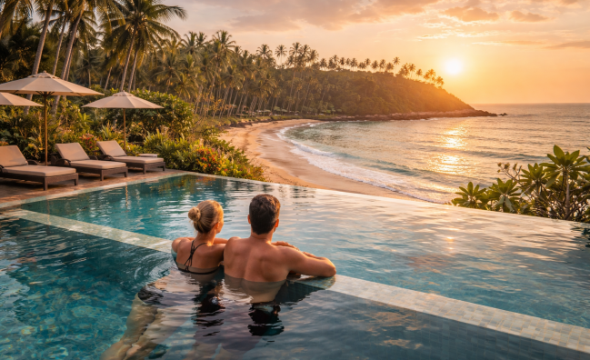 Infinity pool overlooking ocean at a luxury beach resort in Sri Lanka