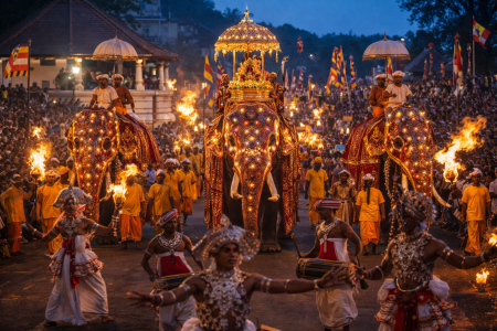 Kandy Esala Perahera festival with decorated elephants and dancers Sri Lanka