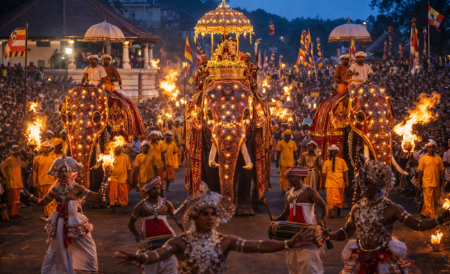 Kandy Esala Perahera festival with decorated elephants and dancers Sri Lanka