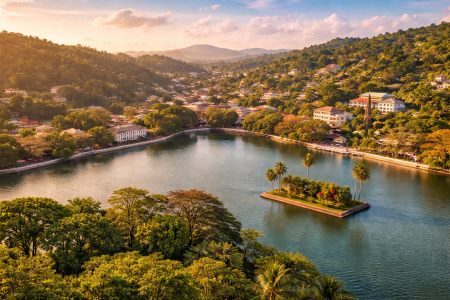 Aerial view of Kandy Lake surrounded by hills in Kandy Sri Lanka