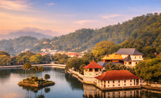 Kandy Lake and Temple of the Tooth scenic view in Kandy Sri Lanka