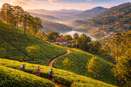 Tea plantation landscape in the hills near Kandy Sri Lanka