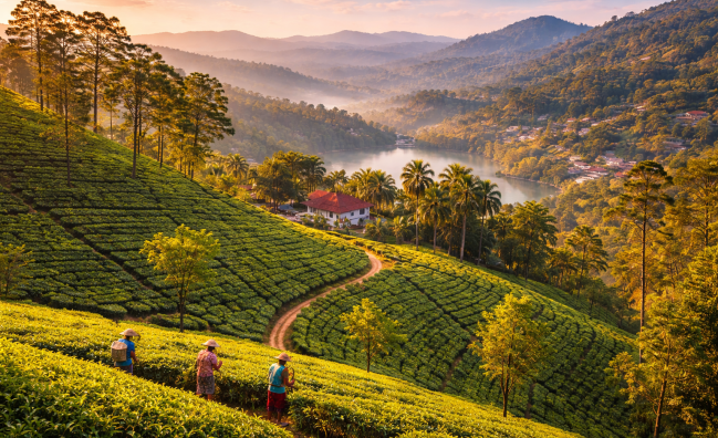 Tea plantation landscape in the hills near Kandy Sri Lanka