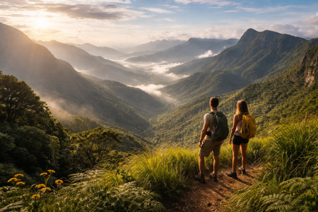 Knuckles Mountain Range Sri Lanka with misty valleys and lush green hills