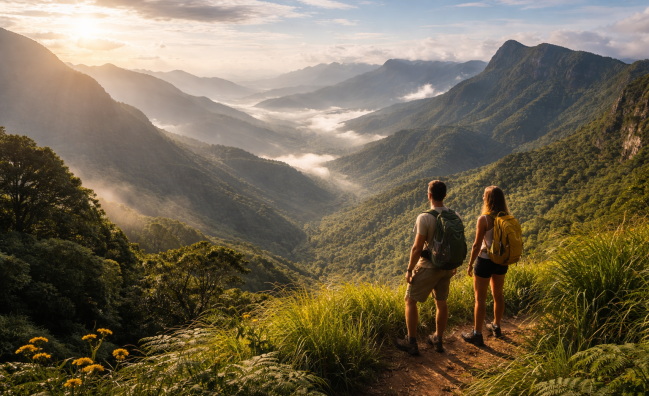 Knuckles Mountain Range Sri Lanka with misty valleys and lush green hills