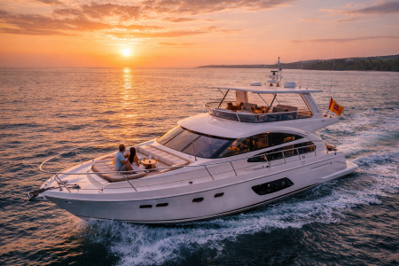 Luxury yacht cruising in Sri Lanka ocean during sunset with clear sky