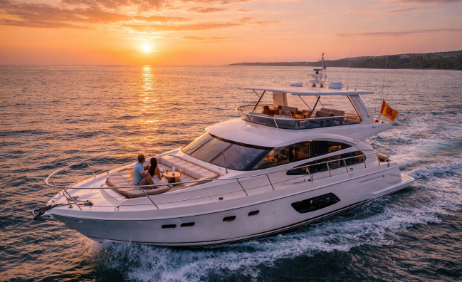 Luxury yacht cruising in Sri Lanka ocean during sunset with clear sky