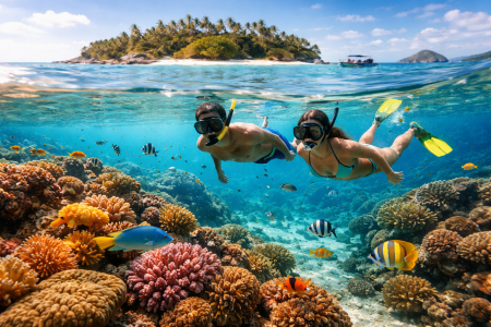 Snorkeling at Pigeon Island Sri Lanka with colorful coral reef and fish