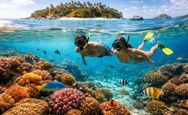 Snorkeling at Pigeon Island Sri Lanka with colorful coral reef and fish