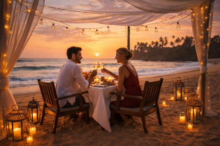 Romantic beach dinner setup at sunset in Sri Lanka with candles and ocean view