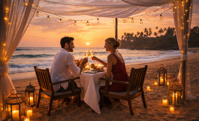 Romantic beach dinner setup at sunset in Sri Lanka with candles and ocean view