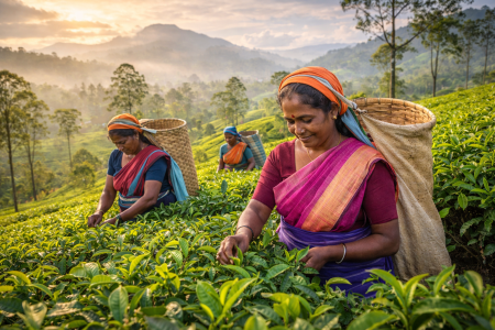 Tea plucking in lush Sri Lanka tea plantations in the hill country