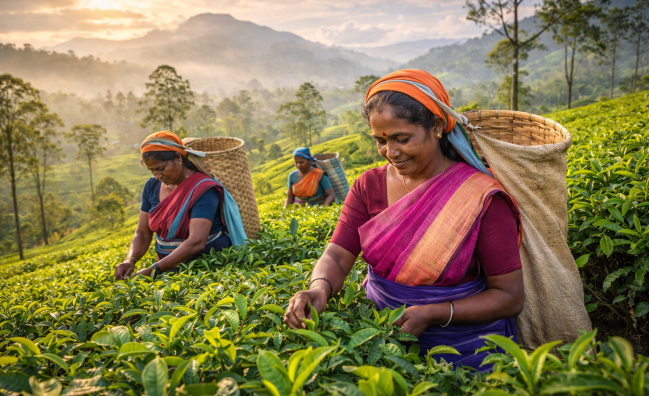 Tea plucking in lush Sri Lanka tea plantations in the hill country