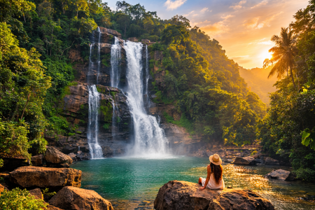 Beautiful tropical waterfall surrounded by rainforest in Sri Lanka