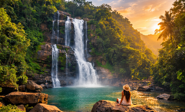 Beautiful tropical waterfall surrounded by rainforest in Sri Lanka