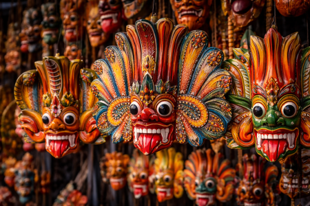 Traditional Sri Lankan Yaksha masks with colorful wooden carvings