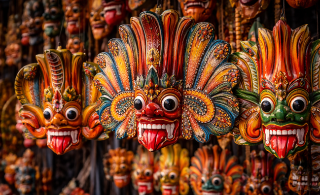 Traditional Sri Lankan Yaksha masks with colorful wooden carvings