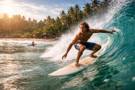 Surfer riding wave on tropical beach in Sri Lanka with palm trees