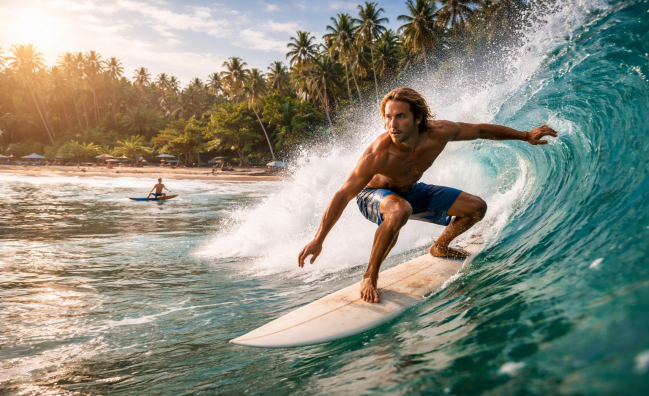 Surfer riding wave on tropical beach in Sri Lanka with palm trees