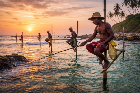 Traditional stilt fishermen fishing in the ocean on Sri Lanka southern coast