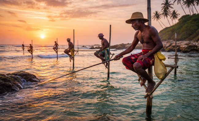 Traditional stilt fishermen fishing in the ocean on Sri Lanka southern coast
