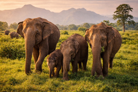Wild Asian elephants in Udawalawe National Park Sri Lanka