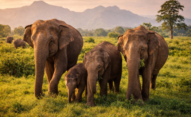 Wild Asian elephants in Udawalawe National Park Sri Lanka