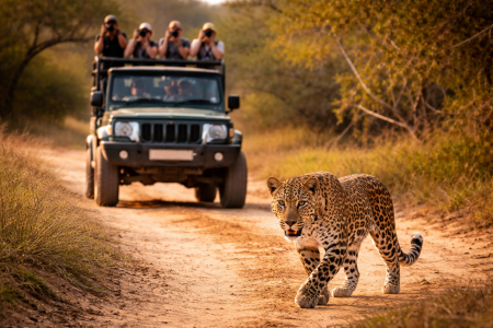 Sri Lankan leopard walking on safari track in Yala National Park Sri Lanka