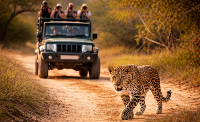 Sri Lankan leopard walking on safari track in Yala National Park Sri Lanka