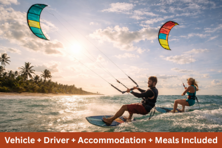 Kite surfers riding waves on Sri Lanka beach with colorful kites