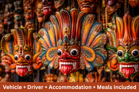 Traditional Sri Lankan Yaksha masks with colorful wooden carvings