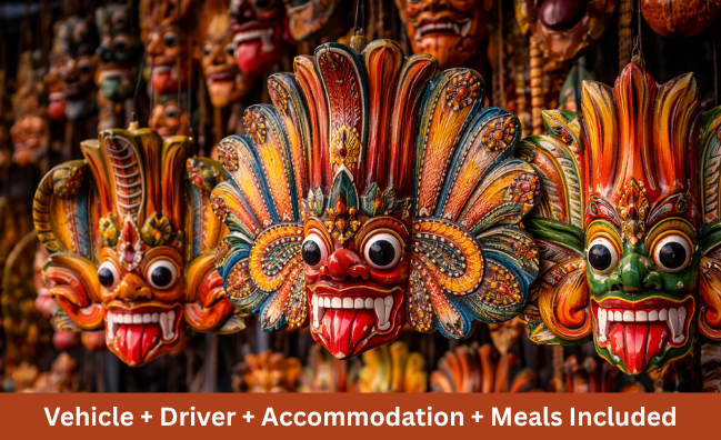 Traditional Sri Lankan Yaksha masks with colorful wooden carvings
