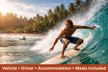 Surfer riding wave on tropical beach in Sri Lanka with palm trees
