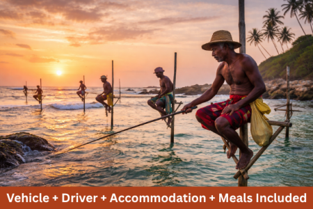 Traditional stilt fishermen fishing in the ocean on Sri Lanka southern coast
