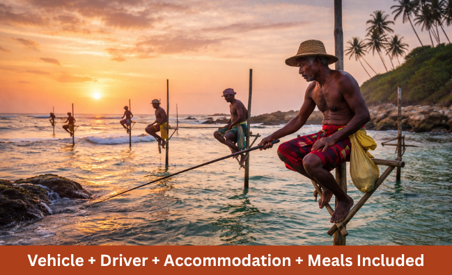 Traditional stilt fishermen fishing in the ocean on Sri Lanka southern coast